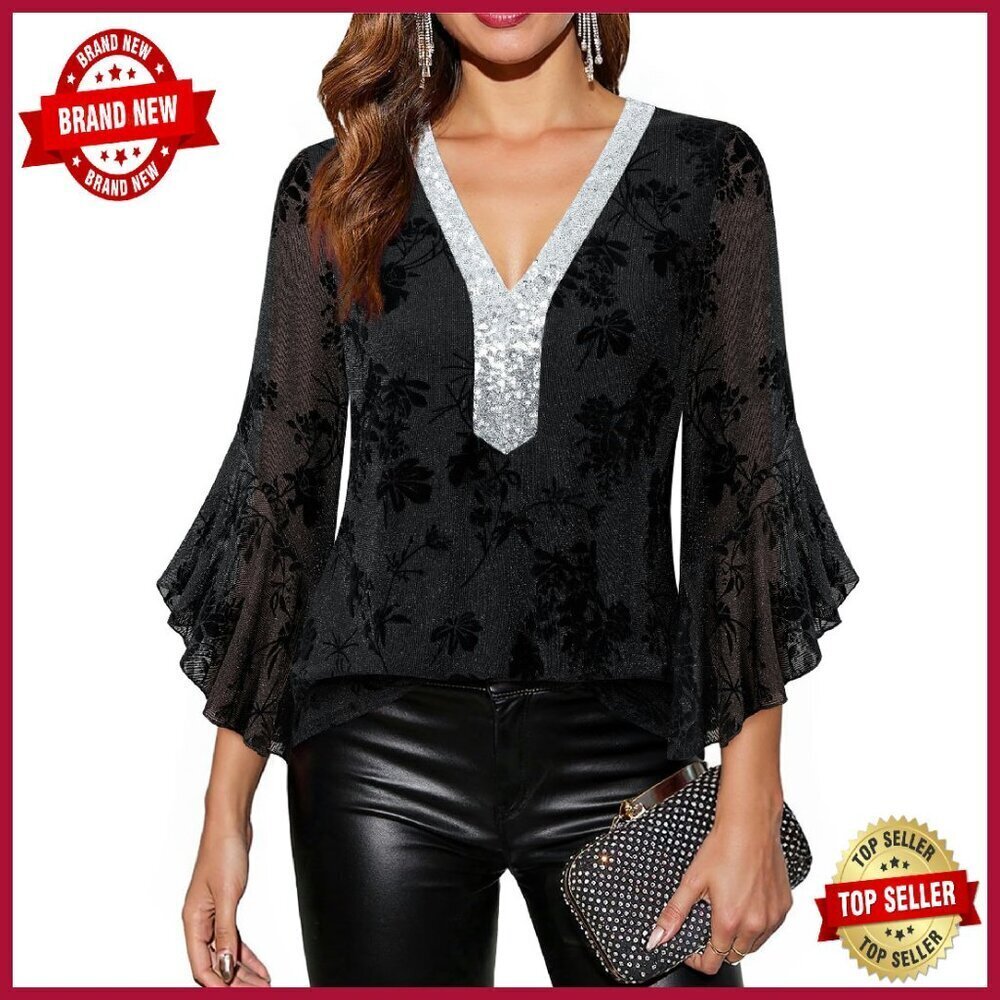 Sparkly Sequin V-Neck 3/4 Sleeve Ruffle Blouse - Dressy Fall Top